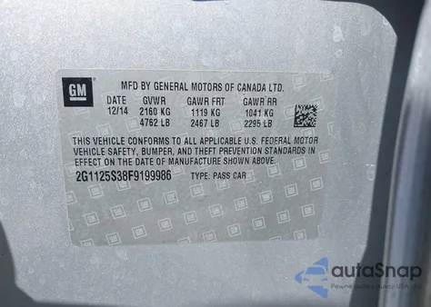 2015 Chevrolet Impala 2Lt из США, поврежденный, VIN 2G1125S38F9199986